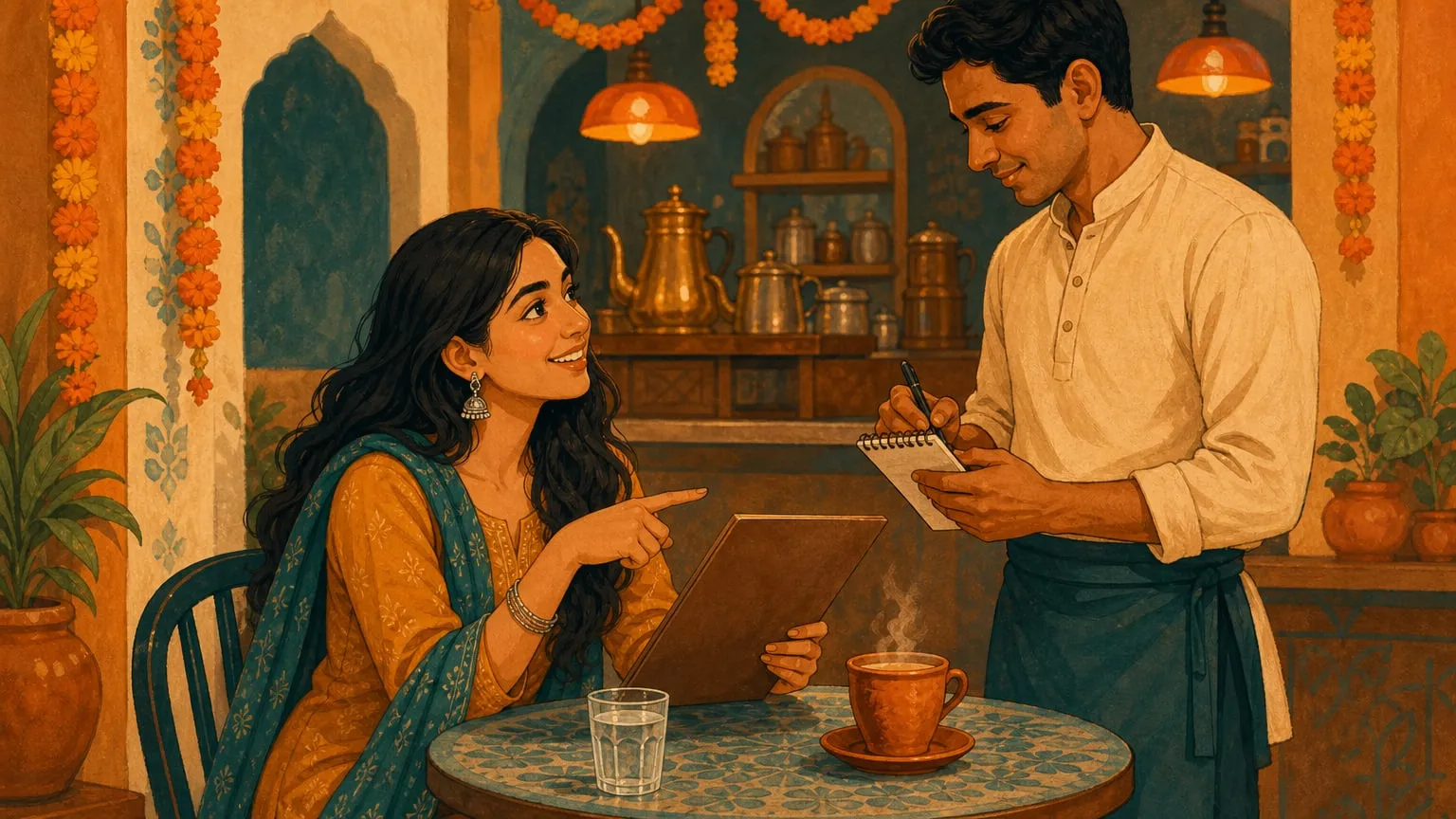 Illustration: a smiling young woman points at a menu to order in a cosy Indian cafe while a waiter writes on his notepad, with chai and water on the table.