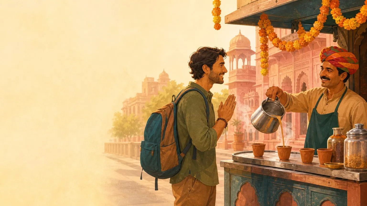 Illustration: a smiling traveller with a backpack greets a chaiwala with namaste at a chai stall in Jaipur, as he pours tea into clay cups.