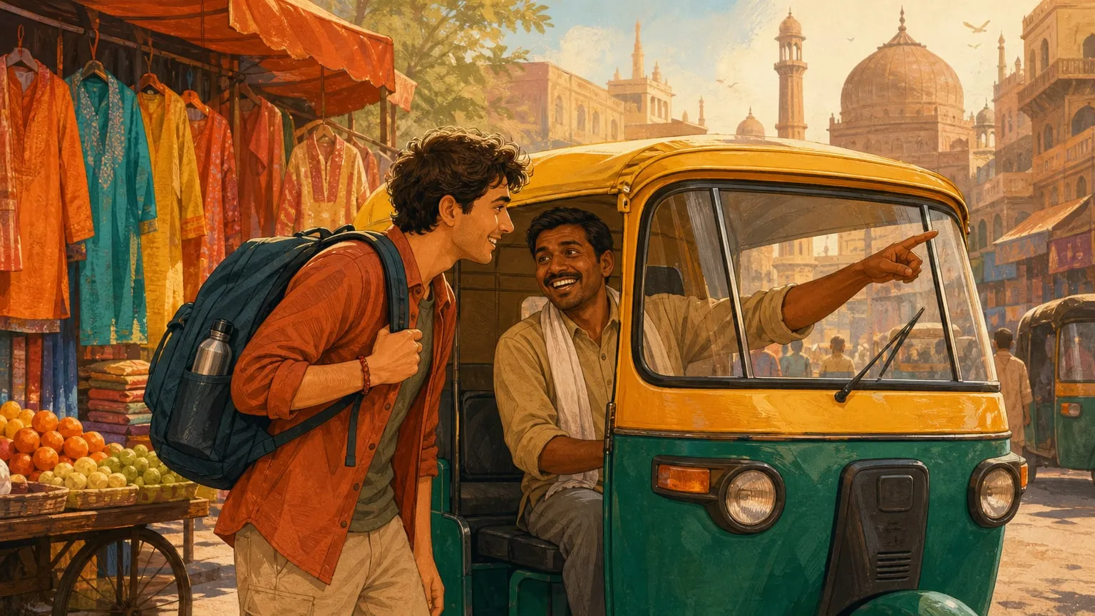 Illustration: a smiling traveller with a backpack talks to an auto-rickshaw driver, who points the way down a busy market street in Delhi.